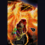 An illustration of the Dark Phoenix melting the Infinity Gauntlet