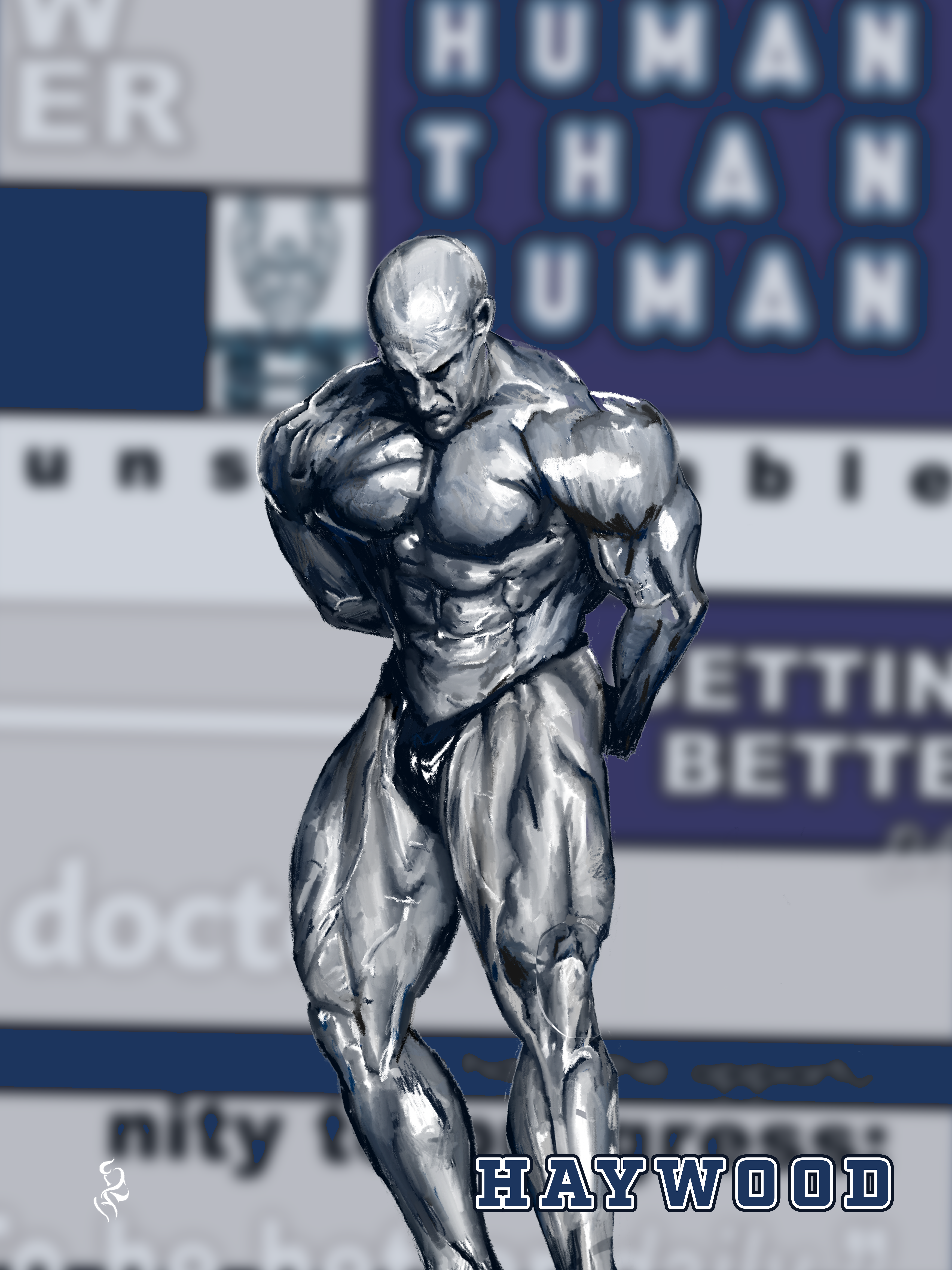 The final illustration of what will be a photorealistic illustration of a bodybuilder, done in procreate.