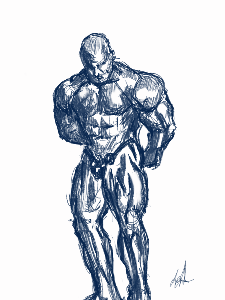 The beginning rough sketch of what will be a photorealistic illustration of a bodybuilder, done in procreate. 