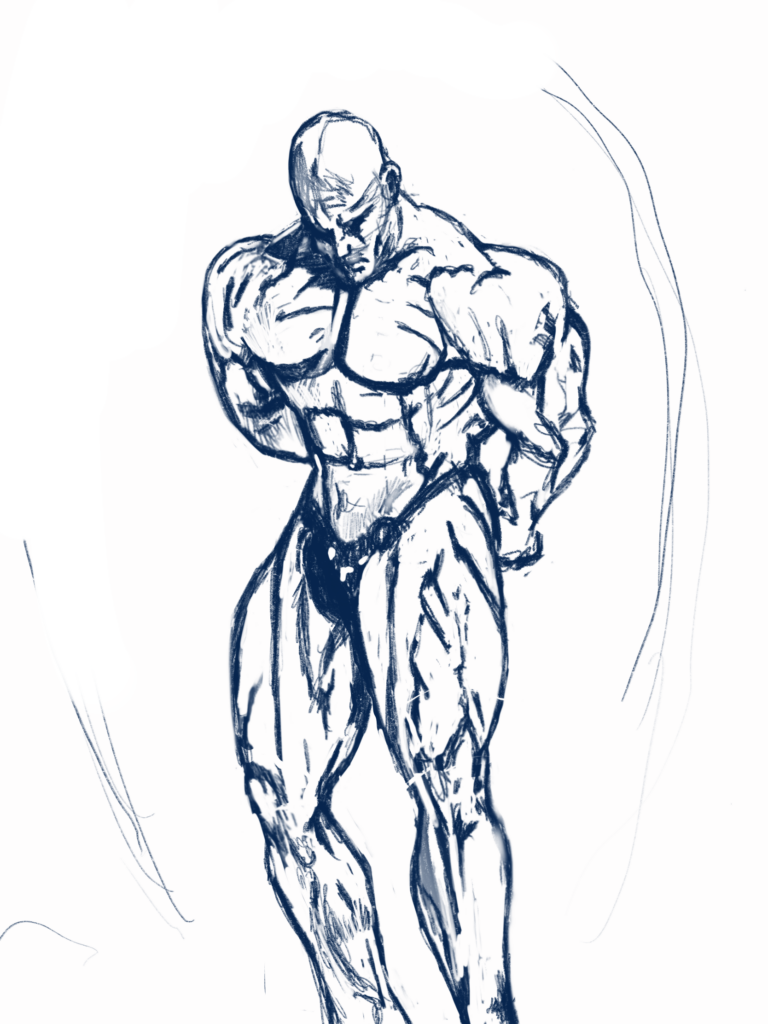 The beginning rough sketch of what will be a photorealistic illustration of a bodybuilder, done in procreate.
