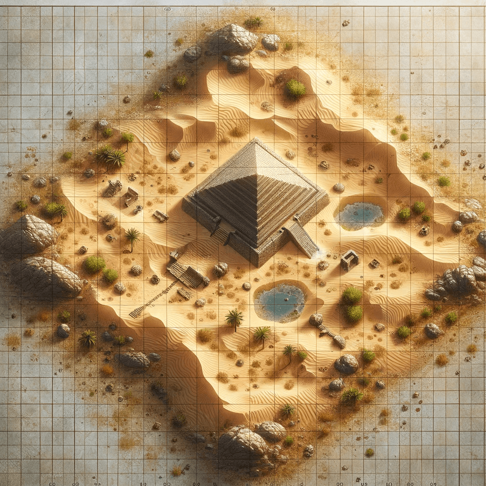 An image of a map generated by ChatGPT and Dall3 of some pyramids over what is supposed to be a 10x10 grid map.