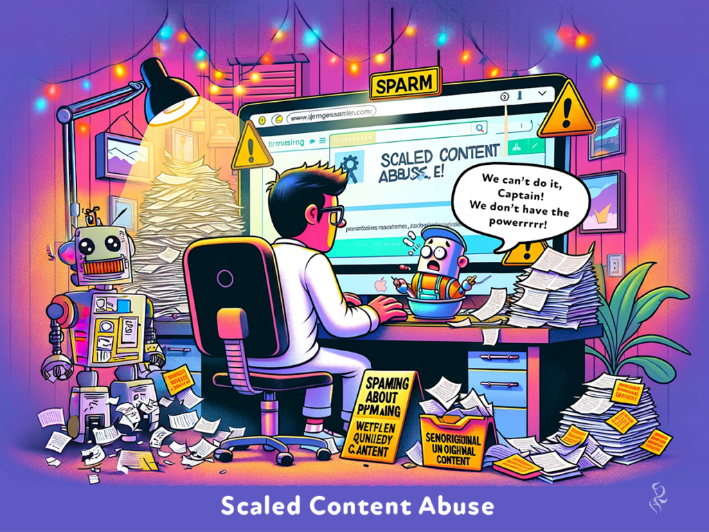 A comic collaboration by ChatGPT, AdobeAI, and a human about Scaled Content Abuse depicting a bunch of overworked bots and a content creator making semi original and unoriginal content.