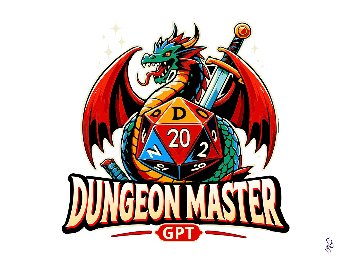 The DungeonMasterGPT logo of a dragon with it's tail wrapped around a d20 with some epic logo font.